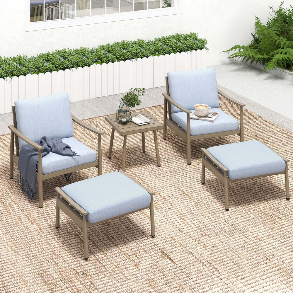 HAPPATIO Aluminum Outdoor Furniture Set - 5 Pieces Patio Furniture Set Includes 1 Side Table, 2 Armchairs and 2 Ottomans with Thick Cushion, Patio Conversation Set for Backyard Deck Poolside