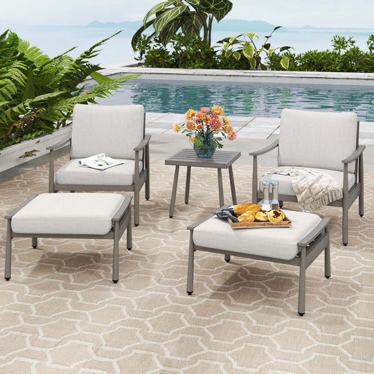 HAPPATIO Aluminum Outdoor Furniture Set - 5 Pieces Patio Furniture Set Includes 1 Side Table, 2 Armchairs and 2 Ottomans with Thick Cushion, Patio Conversation Set for Backyard Deck Poolside