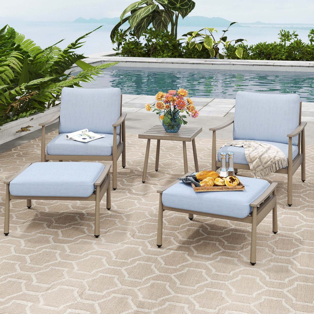 HAPPATIO Aluminum Outdoor Furniture Set - 5 Pieces Patio Furniture Set Includes 1 Side Table, 2 Armchairs and 2 Ottomans with Thick Cushion, Patio Conversation Set for Backyard Deck Poolside