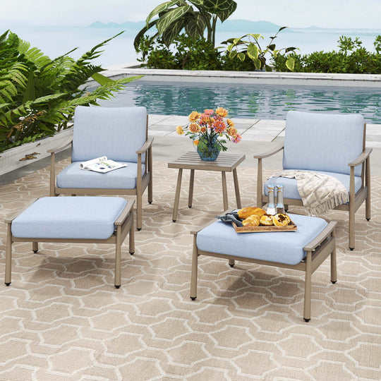 HAPPATIO Aluminum Outdoor Furniture Set - 5 Pieces Patio Furniture Set Includes 1 Side Table, 2 Armchairs and 2 Ottomans with Thick Cushion, Patio Conversation Set for Backyard Deck Poolside