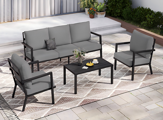 HAPPATIO Aluminum Patio Furniture Set, 4 Pieces Conversation Set with Thick Cushions and Coffee Table, All Weather Sofa Couch Waterproof and Rustproof for Garden, Backyard, Porch, Beige
