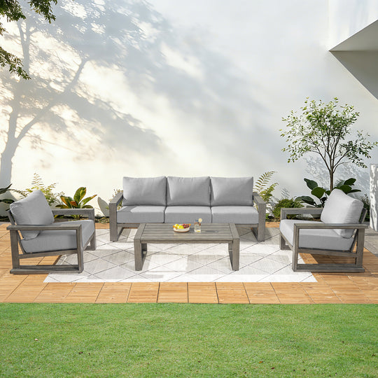 HAPPATIO Aluminum Patio Furniture Set, Oversized Outdoor Sofa with Deep Seating and Wide Armrest, Hand-brushed Aluminum Frame with 6" Cushion