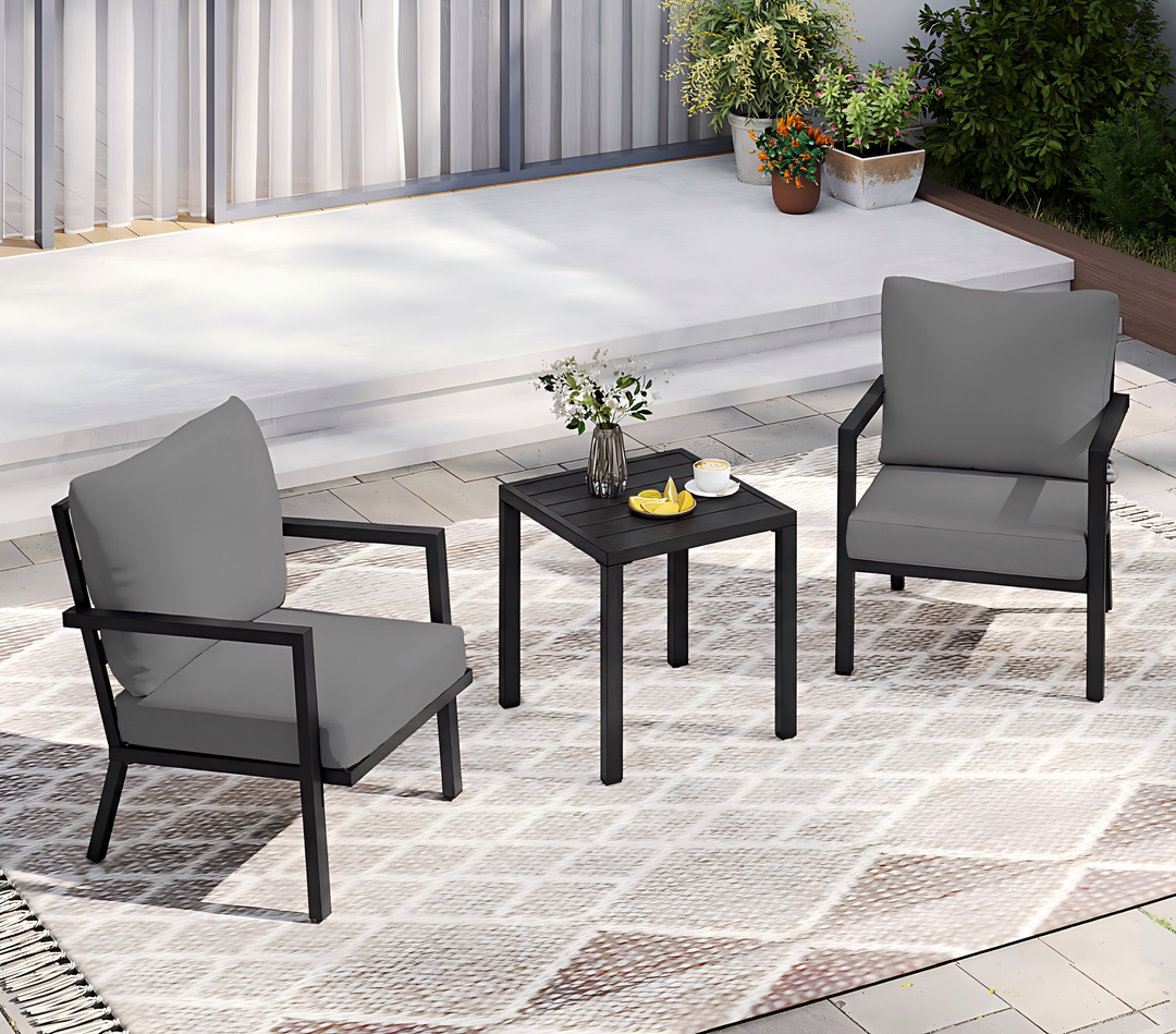 HAPPATIO Aluminum Patio Furniture Set, 3 Pieces Conversation Set with Thick Cushions and Side Table, Waterproof and Rustproof for All weather, Seating Sofa for Garden, Backyard, Porch