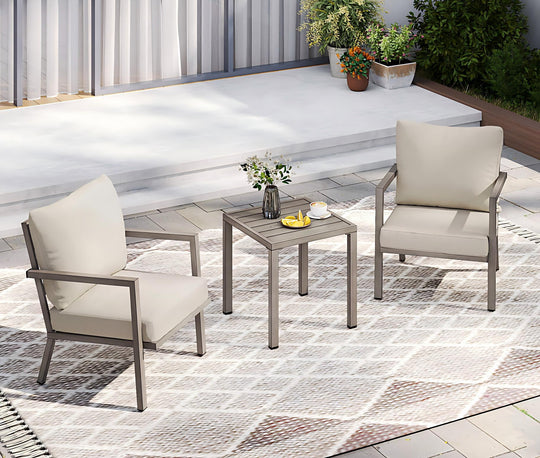 HAPPATIO Aluminum Patio Furniture Set, 3 Pieces Conversation Set with Thick Cushions and Side Table, Waterproof and Rustproof for All weather, Seating Sofa for Garden, Backyard, Porch