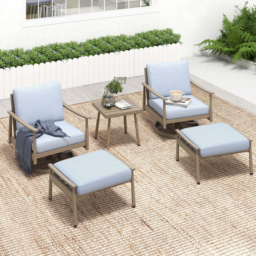 HAPPATIO Aluminum Outdoor Furniture Set - 5 Pieces Patio Furniture Set Includes 1 Side Table, 2 Swivel Chairs and 2 Ottomans with Thick Cushion, Patio Conversation Set for Backyard Poolside
