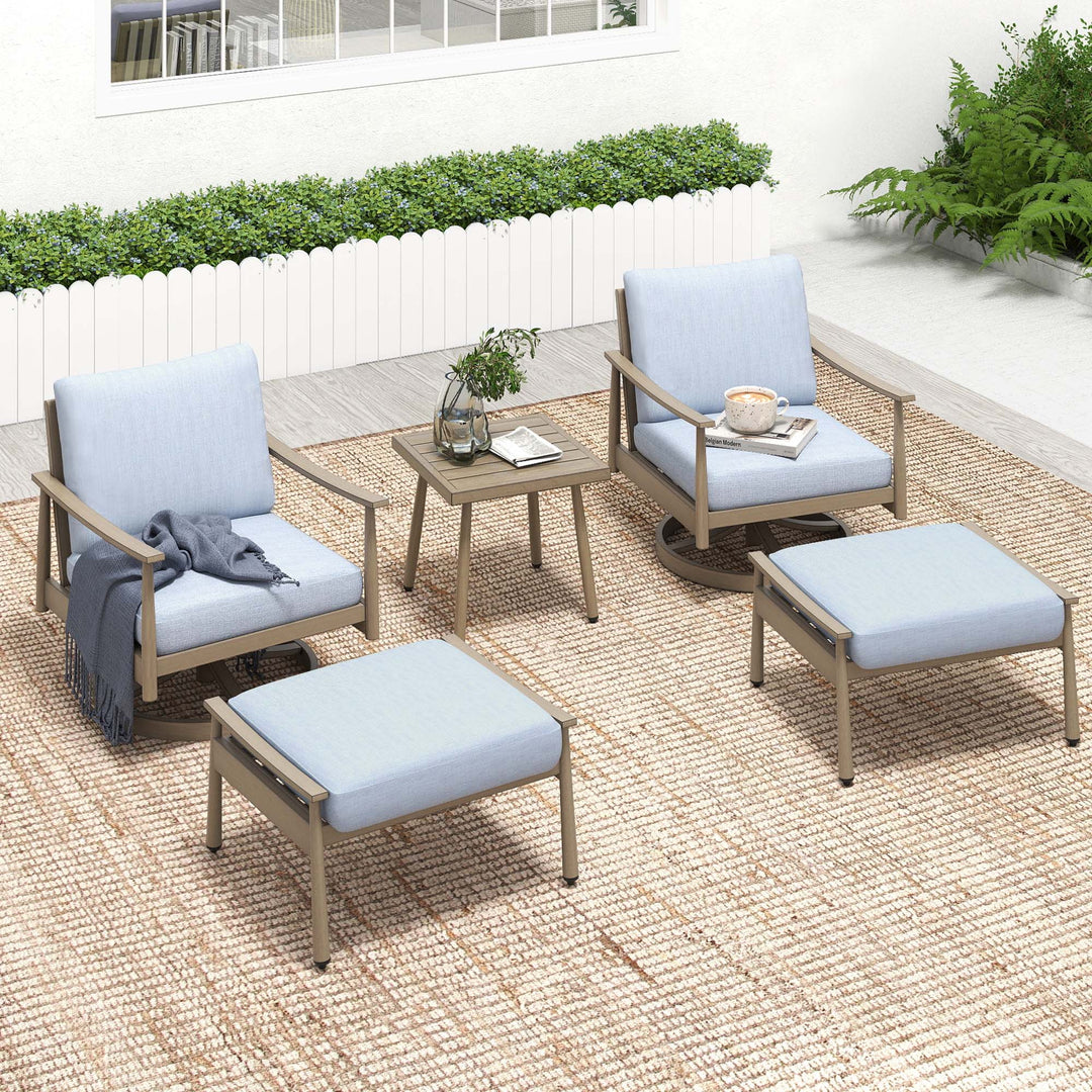HAPPATIO Aluminum Outdoor Furniture Set - 5 Pieces Patio Furniture Set Includes 1 Side Table, 2 Swivel Chairs and 2 Ottomans with Thick Cushion, Patio Conversation Set for Backyard Poolside