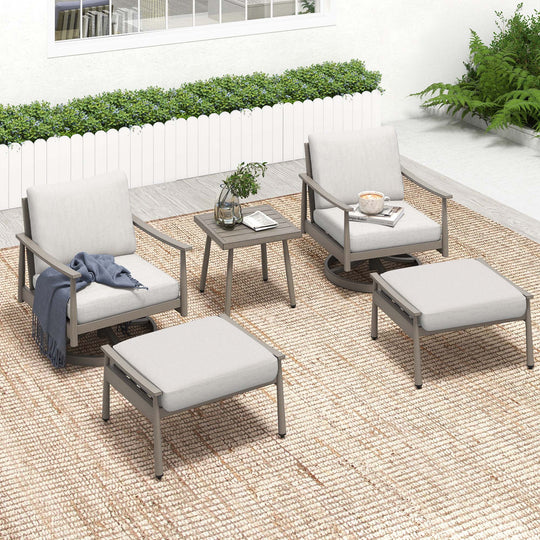 HAPPATIO Aluminum Outdoor Furniture Set - 5 Pieces Patio Furniture Set Includes 1 Side Table, 2 Swivel Chairs and 2 Ottomans with Thick Cushion, Patio Conversation Set for Backyard Poolside