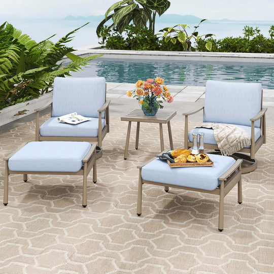 HAPPATIO Aluminum Outdoor Furniture Set - 5 Pieces Patio Furniture Set Includes 1 Side Table, 2 Swivel Chairs and 2 Ottomans with Thick Cushion, Patio Conversation Set for Backyard Poolside