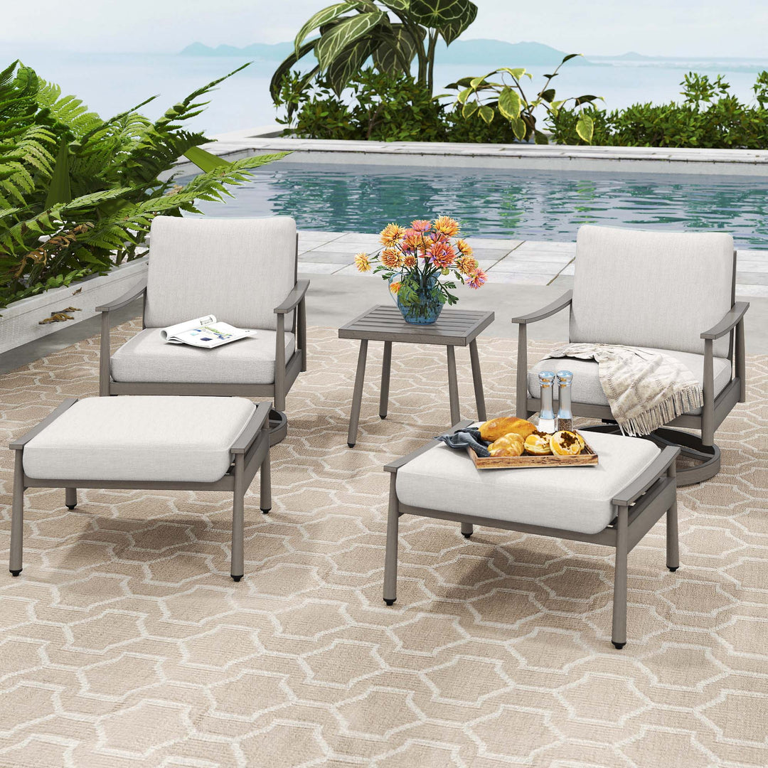 HAPPATIO Aluminum Outdoor Furniture Set - 5 Pieces Patio Furniture Set Includes 1 Side Table, 2 Swivel Chairs and 2 Ottomans with Thick Cushion, Patio Conversation Set for Backyard Poolside