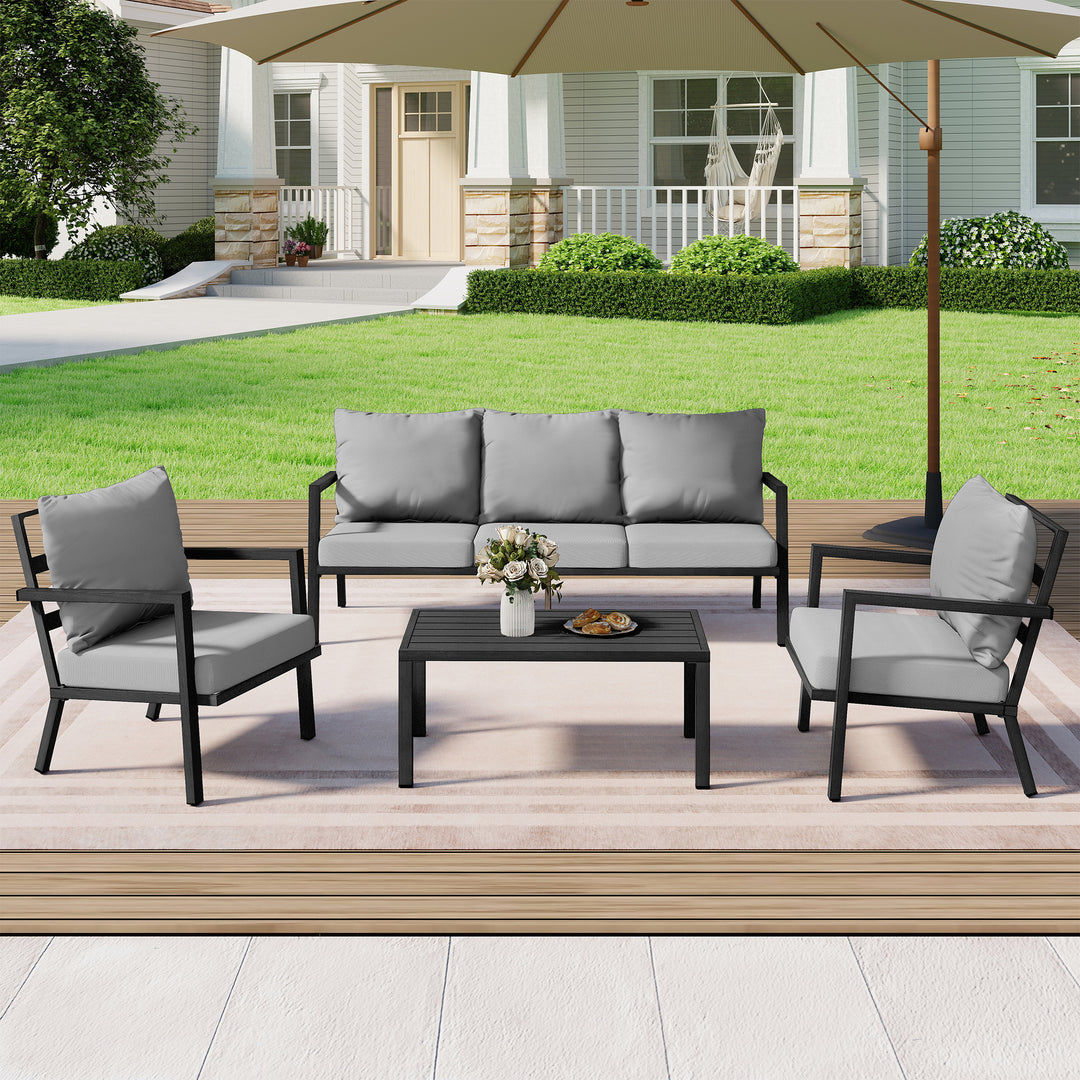 HAPPATIO Aluminum Patio Furniture Set, 4 Pieces Conversation Set with Thick Cushions and Coffee Table, All Weather Sofa Couch Waterproof and Rustproof for Garden, Backyard, Porch, Beige