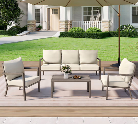 HAPPATIO Aluminum Patio Furniture Set, 4 Pieces Conversation Set with Thick Cushions and Coffee Table, All Weather Sofa Couch Waterproof and Rustproof for Garden, Backyard, Porch, Beige