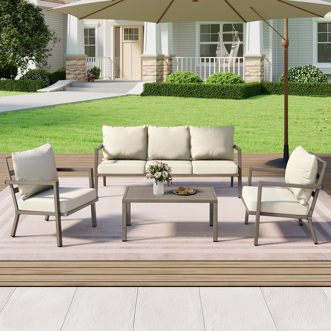 HAPPATIO Aluminum Patio Furniture Set, 4 Pieces Conversation Set with Thick Cushions and Coffee Table, All Weather Sofa Couch Waterproof and Rustproof for Garden, Backyard, Porch, Beige