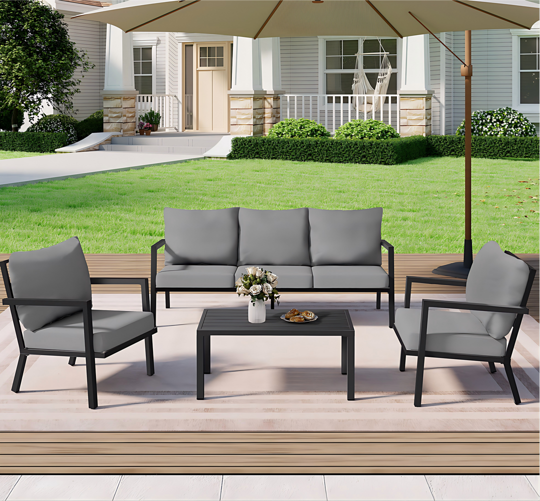 HAPPATIO Aluminum Patio Furniture Set, 4 Pieces Conversation Set with Thick Cushions and Coffee Table, All Weather Sofa Couch Waterproof and Rustproof for Garden, Backyard, Porch, Beige