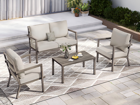 HAPPATIO Aluminum Patio Furniture Set, 4 Pieces Conversation Set with Thick Cushions and Coffee Table, All Weather Sofa Couch Waterproof and Rustproof for Garden, Backyard, Porch, Beige