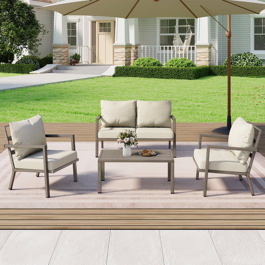 HAPPATIO Aluminum Patio Furniture Set, 4 Pieces Conversation Set with Thick Cushions and Coffee Table, All Weather Sofa Couch Waterproof and Rustproof for Garden, Backyard, Porch, Beige