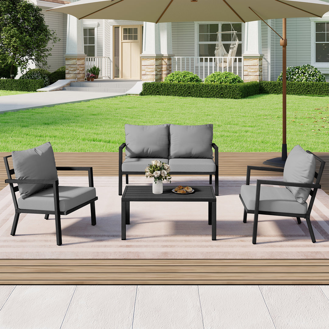 HAPPATIO Aluminum Patio Furniture Set, 4 Pieces Conversation Set with Thick Cushions and Coffee Table, All Weather Sofa Couch Waterproof and Rustproof for Garden, Backyard, Porch, Beige