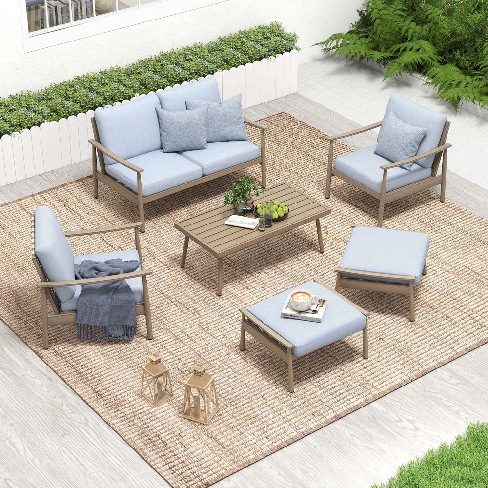 HAPPATIO Patio Outdoor Furniture Set - 6 Pieces Aluminum Outdoor Conversation Set with 1 Cushioned Loveseat, 2 Armchairs, 1 Coffee Table and 2 Ottomans for Yard, Porch, and Deck