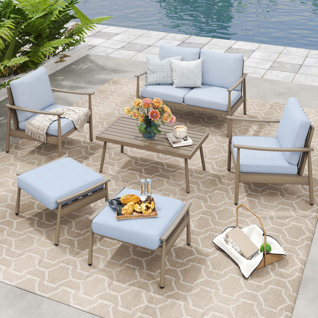 HAPPATIO Patio Outdoor Furniture Set - 6 Pieces Aluminum Outdoor Conversation Set with 1 Cushioned Loveseat, 2 Armchairs, 1 Coffee Table and 2 Ottomans for Yard, Porch, and Deck