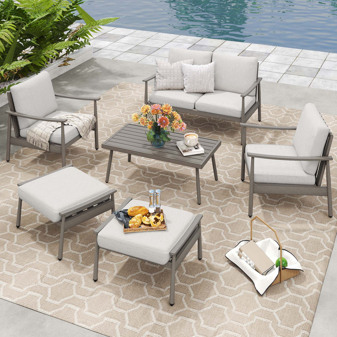 HAPPATIO Patio Outdoor Furniture Set - 6 Pieces Aluminum Outdoor Conversation Set with 1 Cushioned Loveseat, 2 Armchairs, 1 Coffee Table and 2 Ottomans for Yard, Porch, and Deck