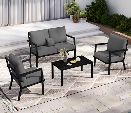 HAPPATIO Aluminum Patio Furniture Set, 4 Pieces Conversation Set with Thick Cushions and Coffee Table, All Weather Sofa Couch Waterproof and Rustproof for Garden, Backyard, Porch, Beige