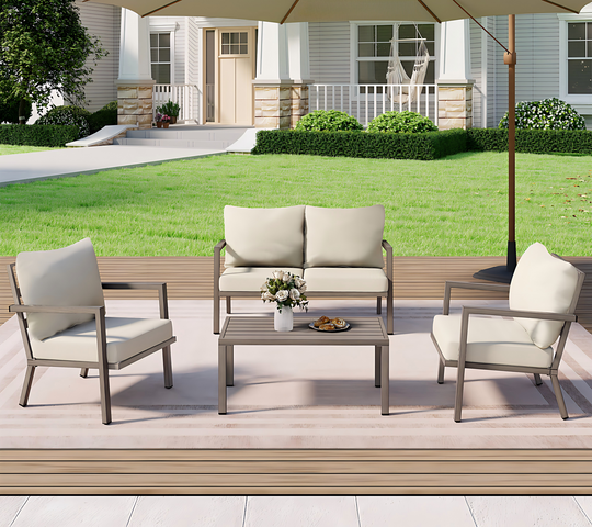 HAPPATIO Aluminum Patio Furniture Set, 4 Pieces Conversation Set with Thick Cushions and Coffee Table, All Weather Sofa Couch Waterproof and Rustproof for Garden, Backyard, Porch, Beige