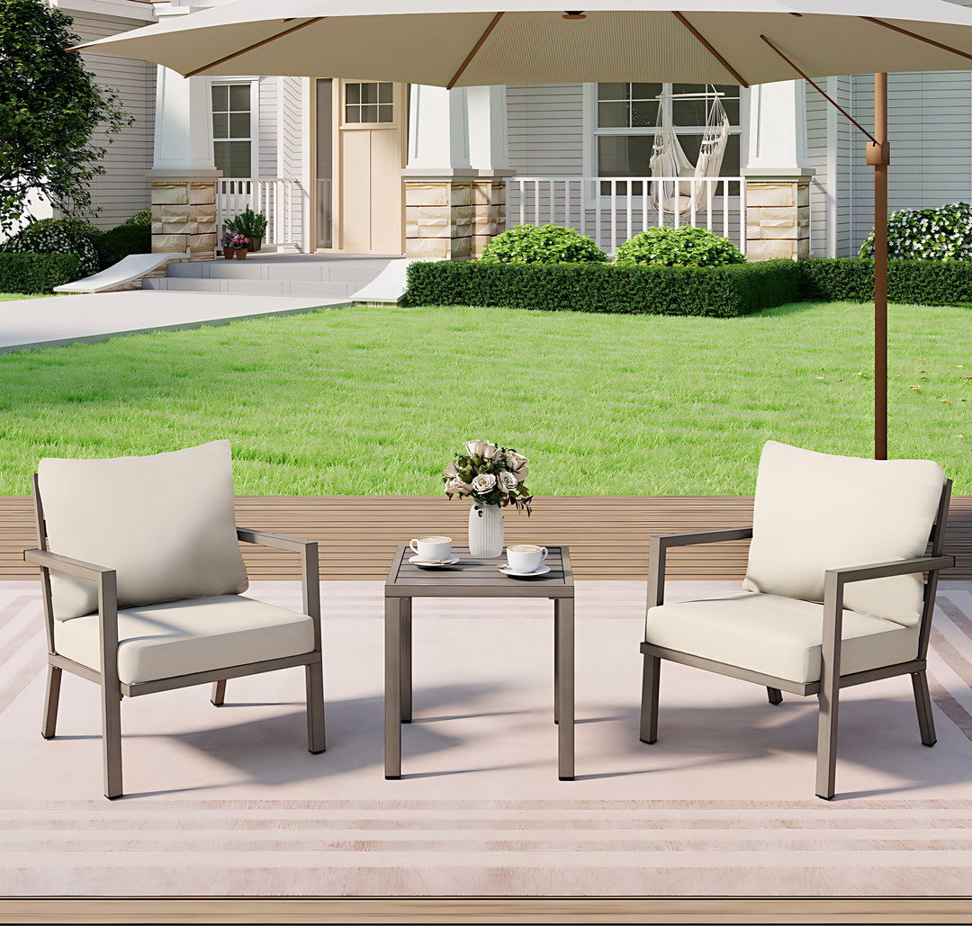 HAPPATIO Aluminum Patio Furniture Set, 3 Pieces Conversation Set with Thick Cushions and Side Table, Waterproof and Rustproof for All weather, Seating Sofa for Garden, Backyard, Porch