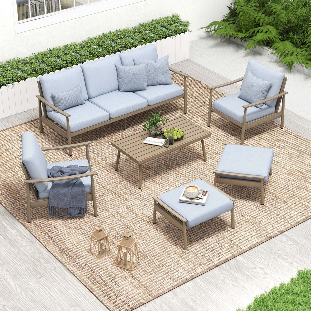HAPPATIO Patio Outdoor Furniture Set - 6 Pieces Aluminum Outdoor Conversation Set with 1 Three-Seater Sofa, 1 Coffee Table, 2 Armchairs, and 2 Ottomans for Yard, Porch, and Deck