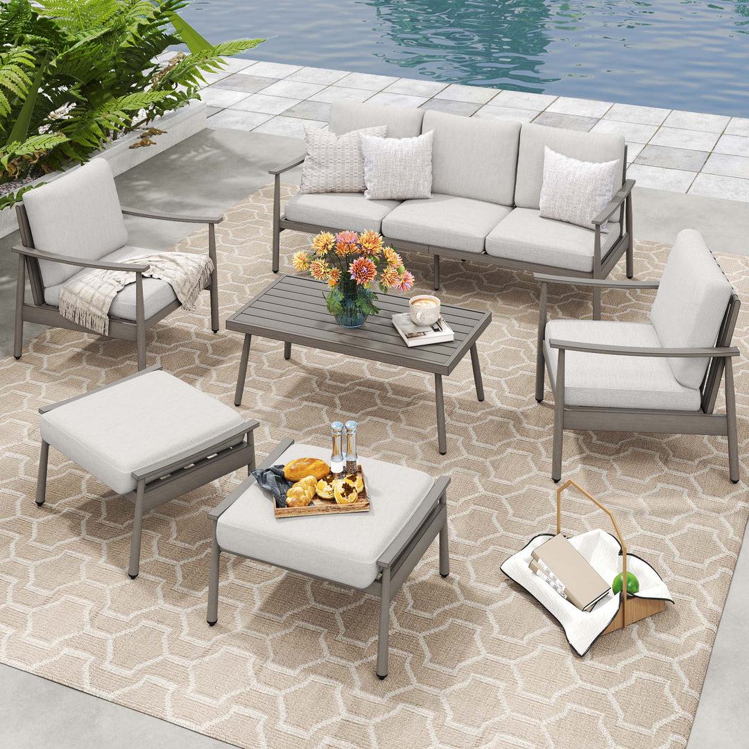 HAPPATIO Patio Outdoor Furniture Set - 6 Pieces Aluminum Outdoor Conversation Set with 1 Three-Seater Sofa, 1 Coffee Table, 2 Armchairs, and 2 Ottomans for Yard, Porch, and Deck