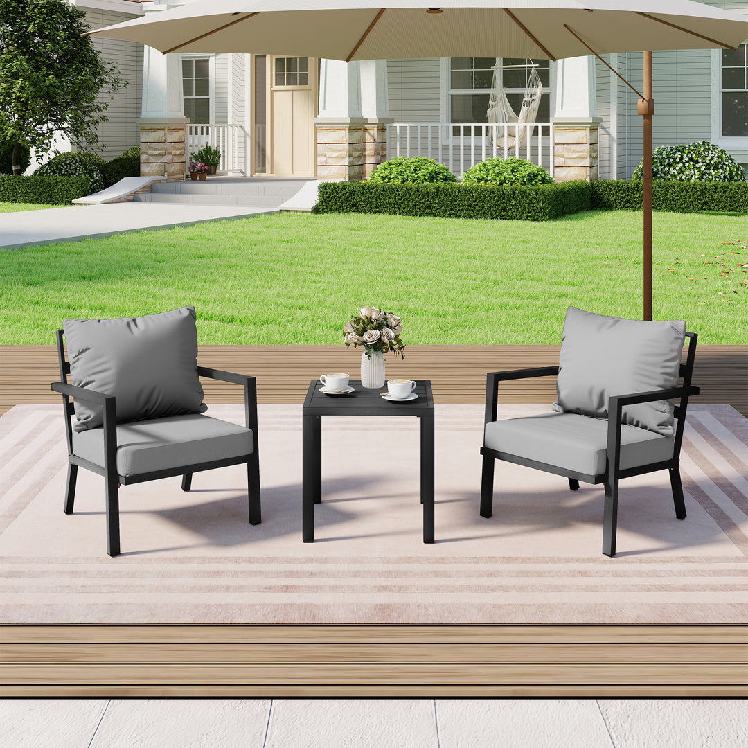 HAPPATIO Aluminum Patio Furniture Set, 3 Pieces Conversation Set with Thick Cushions and Side Table, Waterproof and Rustproof for All weather, Seating Sofa for Garden, Backyard, Porch