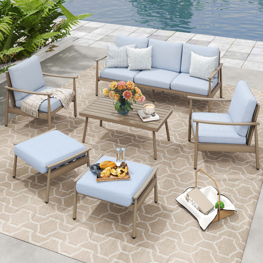 HAPPATIO Patio Outdoor Furniture Set - 6 Pieces Aluminum Outdoor Conversation Set with 1 Three-Seater Sofa, 1 Coffee Table, 2 Armchairs, and 2 Ottomans for Yard, Porch, and Deck