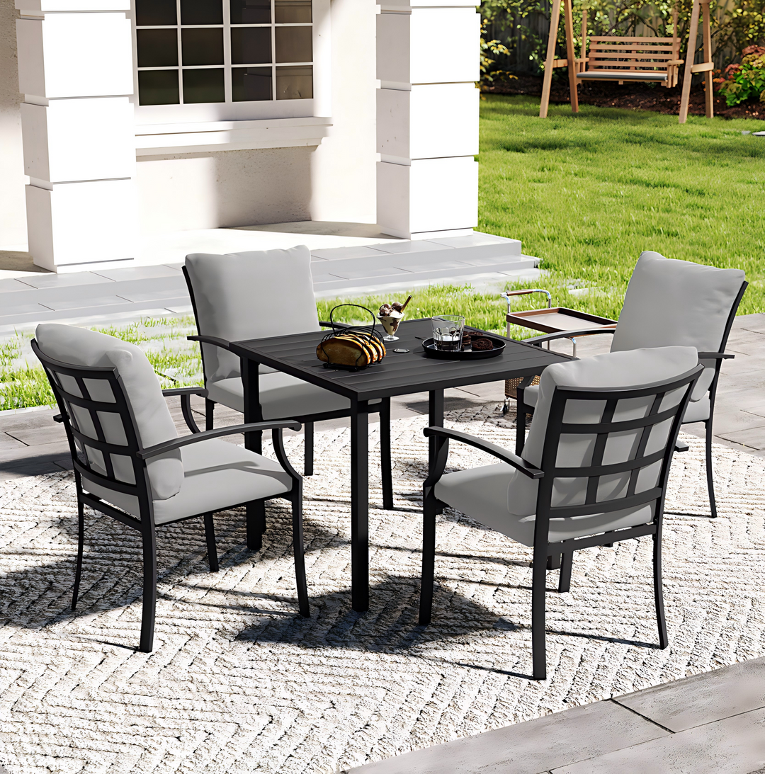 HAPPATIO Patio Dining Set, Outdoor Dining Set with Powder-Coated Metal, Table with Umbrella Hole, Stackable Chairs with Removable Cushions for Porch Poolside Garden