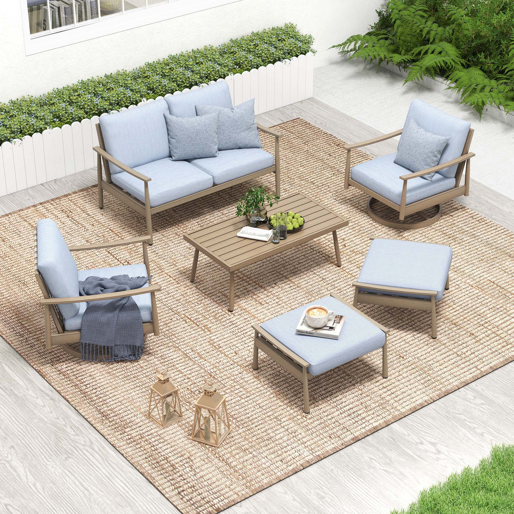 HAPPATIO Patio Outdoor Furniture Set - 6 Pieces Aluminum Outdoor Conversation Set with 1 Cushioned Loveseat, 1 Coffee Table, 2 Swivel Chairs, and 2 Ottomans for Yard, Porch, and Deck