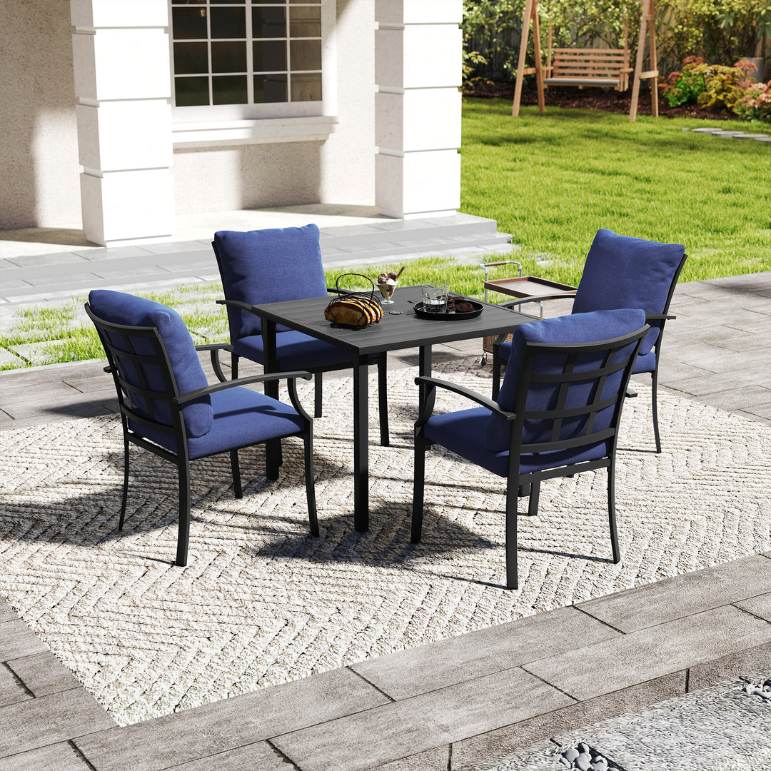 HAPPATIO Patio Dining Set, Outdoor Dining Set with Powder-Coated Metal, Table with Umbrella Hole, Stackable Chairs with Removable Cushions for Porch Poolside Garden
