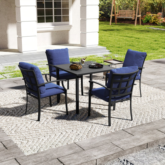 HAPPATIO Patio Dining Set, Outdoor Dining Set with Powder-Coated Metal, Table with Umbrella Hole, Stackable Chairs with Removable Cushions for Porch Poolside Garden