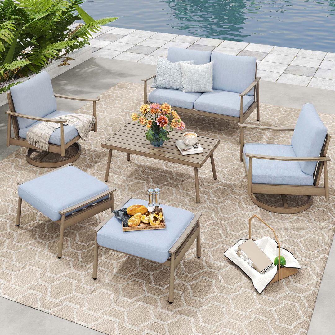 HAPPATIO Patio Outdoor Furniture Set - 6 Pieces Aluminum Outdoor Conversation Set with 1 Cushioned Loveseat, 1 Coffee Table, 2 Swivel Chairs, and 2 Ottomans for Yard, Porch, and Deck