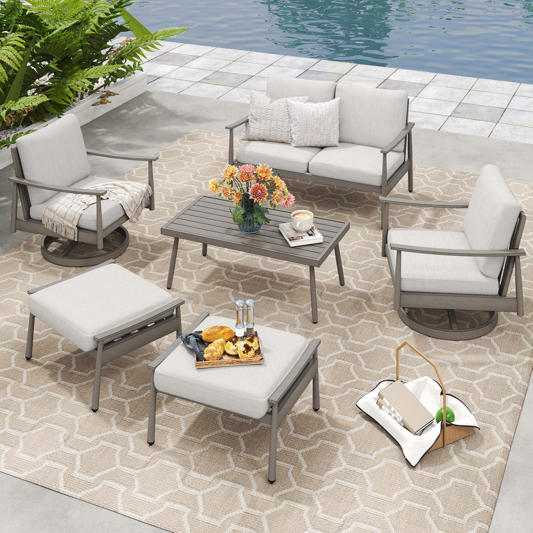 HAPPATIO Patio Outdoor Furniture Set - 6 Pieces Aluminum Outdoor Conversation Set with 1 Cushioned Loveseat, 1 Coffee Table, 2 Swivel Chairs, and 2 Ottomans for Yard, Porch, and Deck