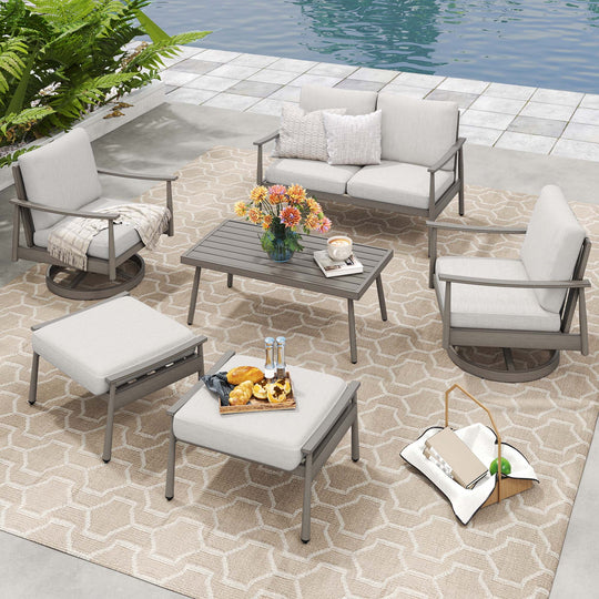 HAPPATIO Patio Outdoor Furniture Set - 6 Pieces Aluminum Outdoor Conversation Set with 1 Cushioned Loveseat, 1 Coffee Table, 2 Swivel Chairs, and 2 Ottomans for Yard, Porch, and Deck