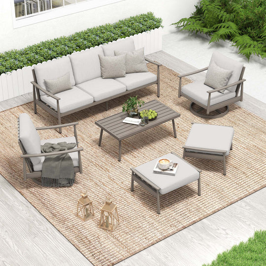 HAPPATIO Patio Outdoor Furniture Set - 6 Pieces Aluminum Outdoor Conversation Set with 1 Three-Seater Sofa, 1 Coffee Table, 2 Swivel Chairs, and 2 Ottomans for Yard, Porch, and Deck