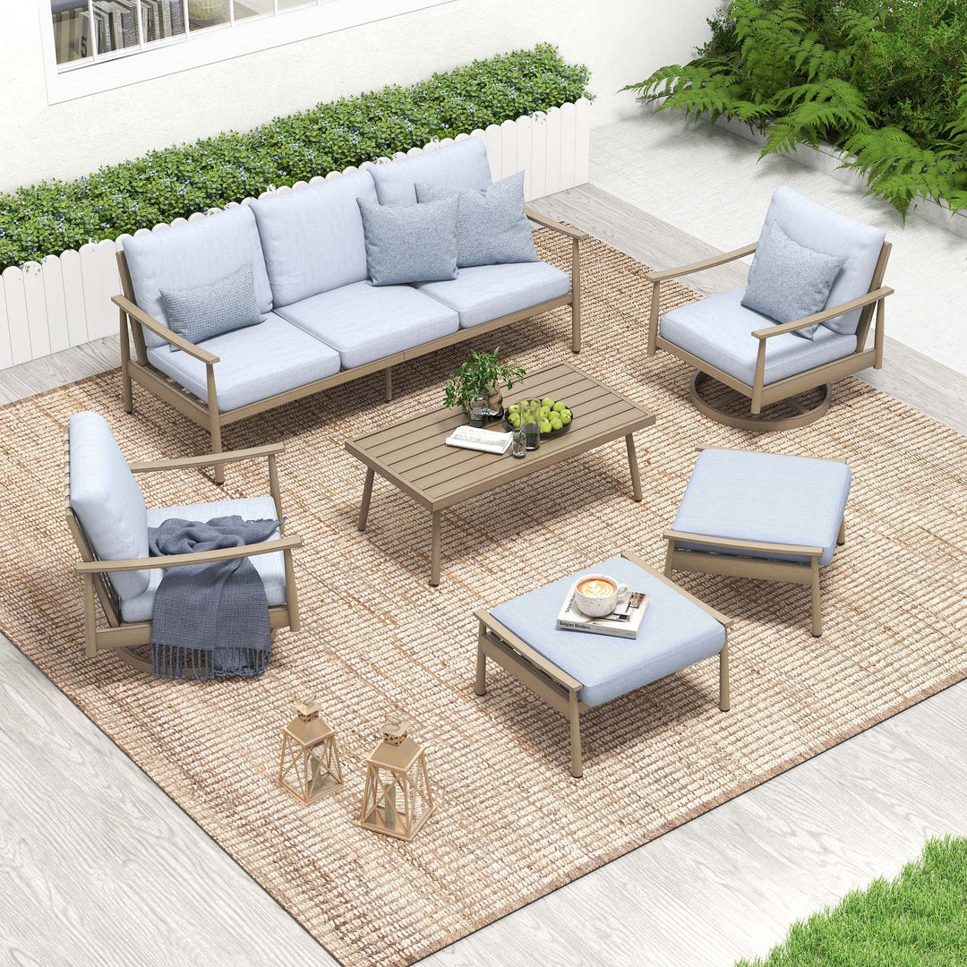 HAPPATIO Patio Outdoor Furniture Set - 6 Pieces Aluminum Outdoor Conversation Set with 1 Three-Seater Sofa, 1 Coffee Table, 2 Swivel Chairs, and 2 Ottomans for Yard, Porch, and Deck