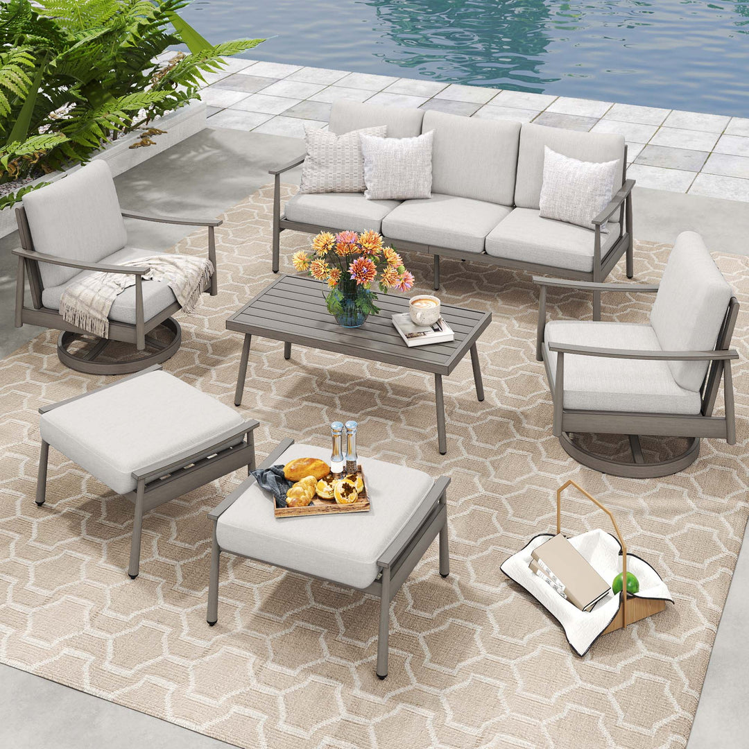 HAPPATIO Patio Outdoor Furniture Set - 6 Pieces Aluminum Outdoor Conversation Set with 1 Three-Seater Sofa, 1 Coffee Table, 2 Swivel Chairs, and 2 Ottomans for Yard, Porch, and Deck
