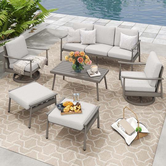HAPPATIO Patio Outdoor Furniture Set - 6 Pieces Aluminum Outdoor Conversation Set with 1 Three-Seater Sofa, 1 Coffee Table, 2 Swivel Chairs, and 2 Ottomans for Yard, Porch, and Deck