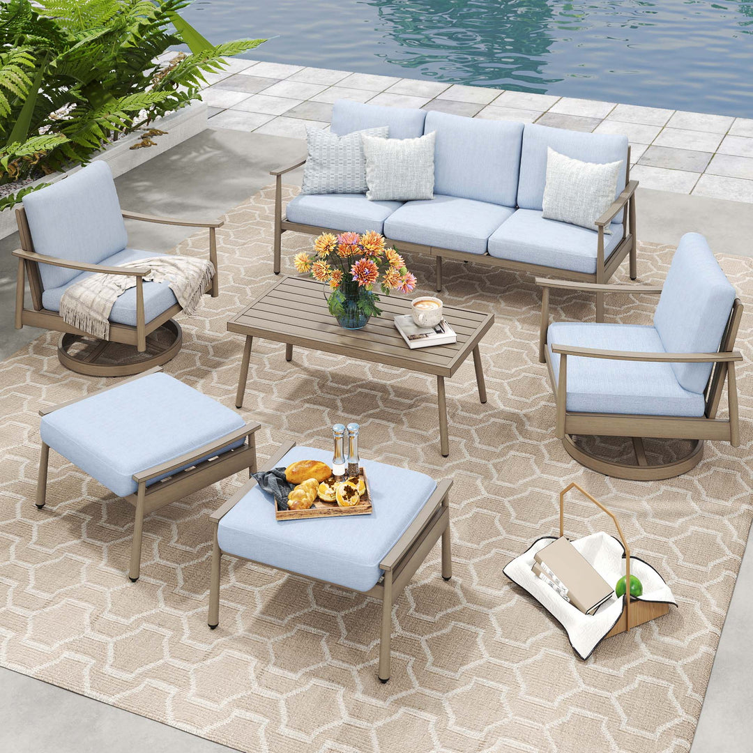 HAPPATIO Patio Outdoor Furniture Set - 6 Pieces Aluminum Outdoor Conversation Set with 1 Three-Seater Sofa, 1 Coffee Table, 2 Swivel Chairs, and 2 Ottomans for Yard, Porch, and Deck