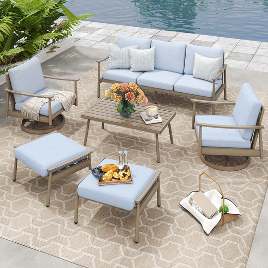 HAPPATIO Patio Outdoor Furniture Set - 6 Pieces Aluminum Outdoor Conversation Set with 1 Three-Seater Sofa, 1 Coffee Table, 2 Swivel Chairs, and 2 Ottomans for Yard, Porch, and Deck