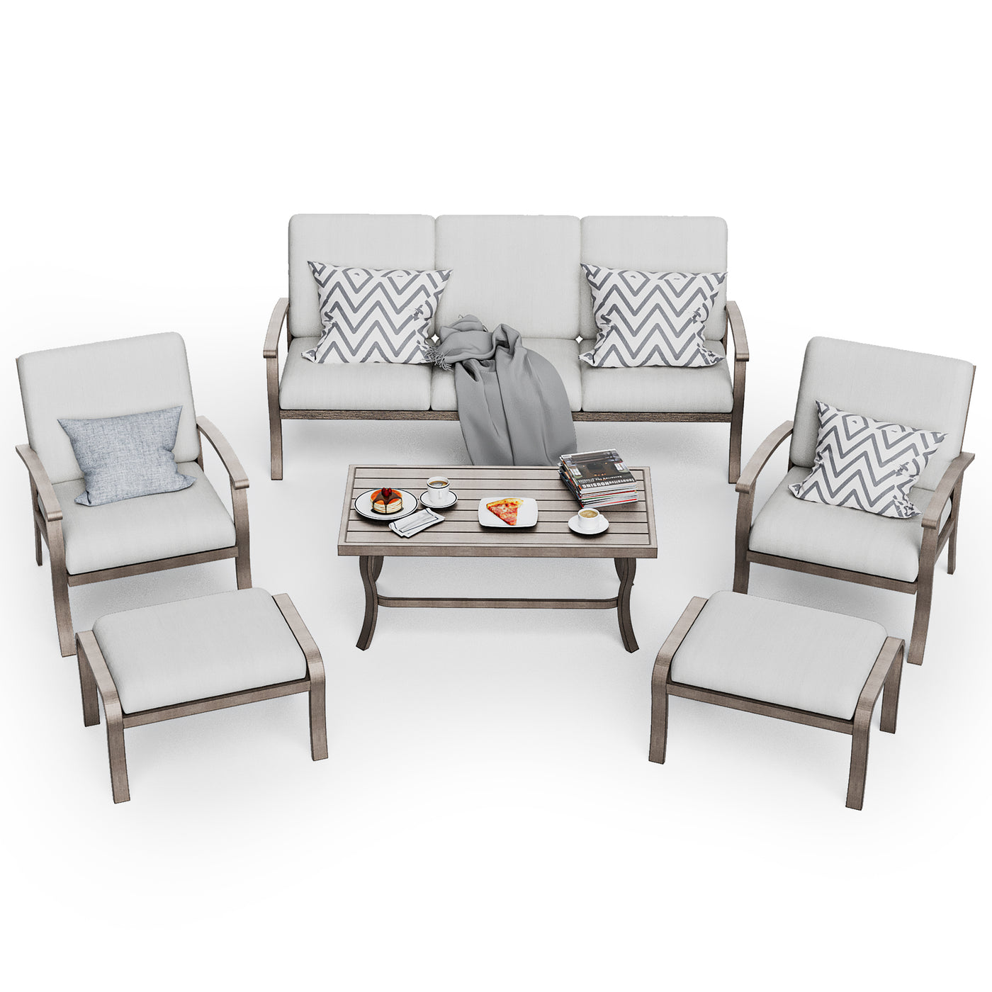 HAPPATIO 6 Piece Aluminum Patio Furniture Set, Outdoor Armchairs with Ottomans and Loveseat, Outdoor Sectional Sofa with Comfortable Cushions and Coffee Table(Gray)