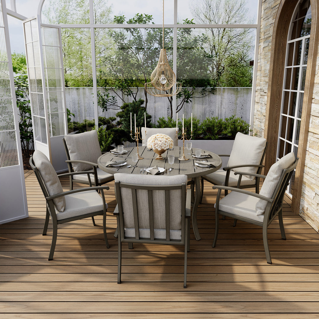 HAPPATIO Patio Dining Set, Aluminum Outdoor Dining Set, Dining Table with Umbrella Hole and 6 Chairs, Outdoor Table and Chairs with Removable Cushion for Lawn Yard Patio