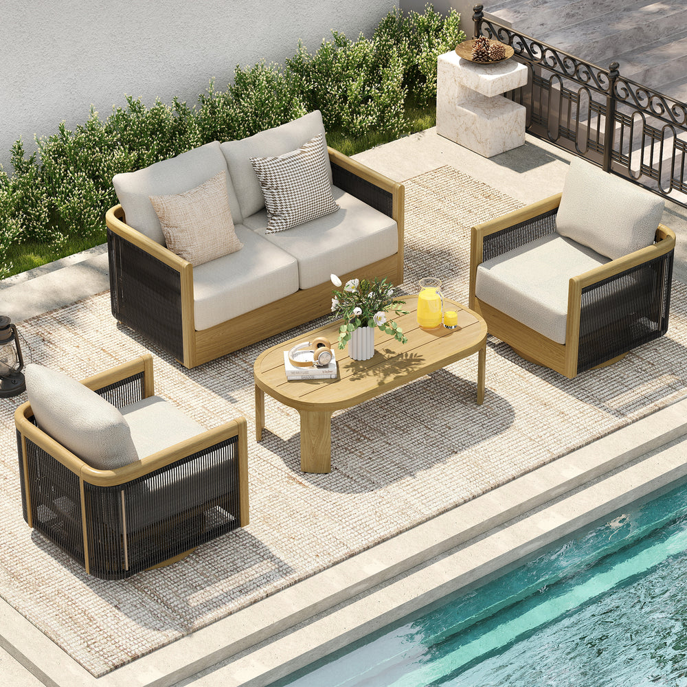 HAPPATIO Aluminum Patio Furniture Set, 4 Pieces Wood-like Oversized Conversation Set with Thick Cushion, Curved Tub Design with Woven Rope Accents for Garden, Backyard, Poolside