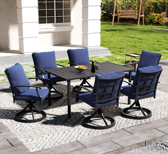 HAPPATIO Patio Dining Set, Outdoor Dining Set with Powder-Coated Metal, Table with Umbrella Hole, Stackable Chairs with Removable Cushions for Porch Poolside Garden