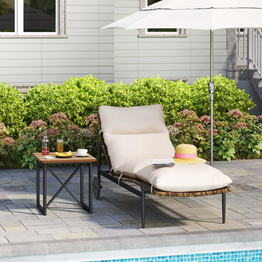 HAPPATIO Patio Chaise Lounge Set, Wicker Outdoor Lounge Chairs and Wood Side Table with Aluminum Frame,Thick Removable Cushion, All-Weather Outdoor Reclining Chair with Wheels,for Pool Deck Porch
