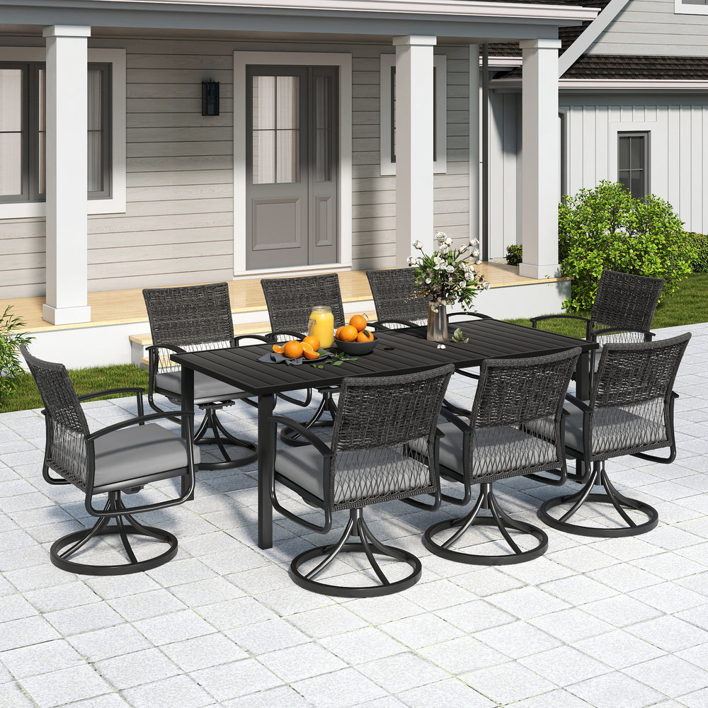 HAPPATIO Rattan Patio Dining Set, Outdoor Dining Set with Wicker Swivel Chairs, Powder-Coated Rectangular Dining Table with Umbrella Hole, Removable Cushions for Outside Lawn, Garden, Yard