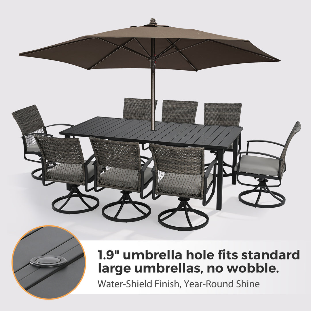 HAPPATIO Rattan Patio Dining Set, Outdoor Dining Set with Wicker Swivel Chairs, Powder-Coated Rectangular Dining Table with Umbrella Hole, Removable Cushions for Outside Lawn, Garden, Yard